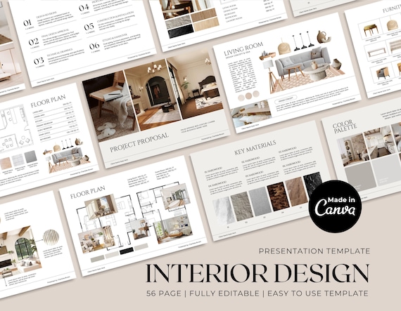 Interior Design Presentation Template | Client Moodboard, Floor Plan | 56 Pages Canva Template