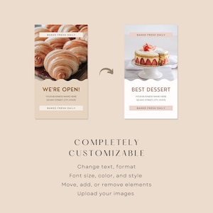 Op de afbeelding: Twee social media graphics voor een bakkerij. De eerste graphic toont een close-up van croissants op een houten plank met de tekst "We zijn open!" en de naam en het adres van de bakkerij. De tweede graphic toont een aardbeientaart met de tekst "Beste Dessert!" en de naam en het adres van de bakkerij. Beide graphics hebben de tekst "Dagelijks vers gebakken".