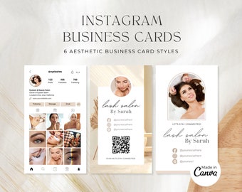 May include: Three Instagram business card designs for a lash salon. The cards feature a neutral color palette with gold accents. The cards include the salon name, "lash salon by Sarah", social media handles, and a QR code. The cards are designed to be aesthetically pleasing and professional.