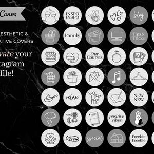 May include: A set of 36 black and white Instagram story highlight covers with various icons and text. The icons include a coffee cup, a shopping cart, a heart, a gift, a camera, a butterfly, a calendar, a house, a hanger, a rainbow, a cloud, a tennis racket, a book, a laptop, a hand with a heart, a paw print, a music note, a film clapboard, a plane, a ring, a paintbrush, a glass of wine, a frying pan, a person, a blog, a friend, a relax sign, a new sign, a positive vibes sign, a freebie sign, and a tips and tricks sign. The text includes "INSPO", "Family", "Our Courses", "coffee", "NEW", "Freebie", "Tips & Tricks", "blog", "Friend", "relax", "positive vibes", "special", and "Friends".