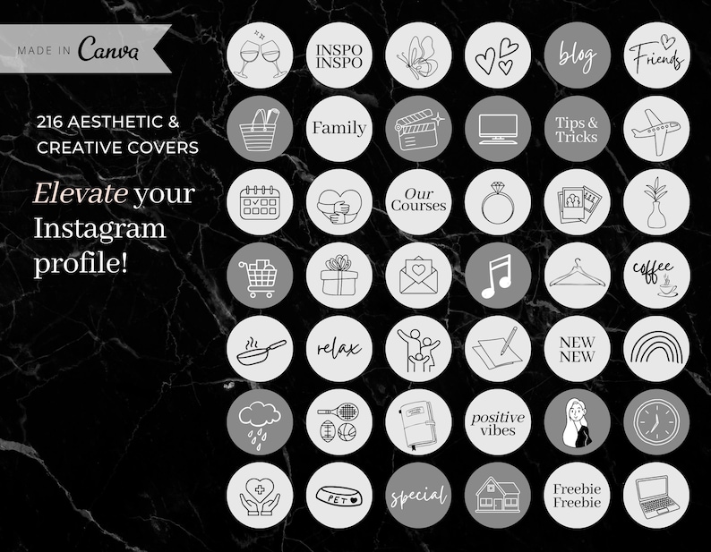 May include: A set of 36 black and white Instagram story highlight covers with various icons and text. The icons include a coffee cup, a shopping cart, a heart, a gift, a camera, a butterfly, a calendar, a house, a hanger, a rainbow, a cloud, a tennis racket, a book, a laptop, a hand with a heart, a paw print, a music note, a film clapboard, a plane, a ring, a paintbrush, a glass of wine, a frying pan, a person, a blog, a friend, a relax sign, a new sign, a positive vibes sign, a freebie sign, and a tips and tricks sign. The text includes "INSPO", "Family", "Our Courses", "coffee", "NEW", "Freebie", "Tips & Tricks", "blog", "Friend", "relax", "positive vibes", "special", and "Friends".