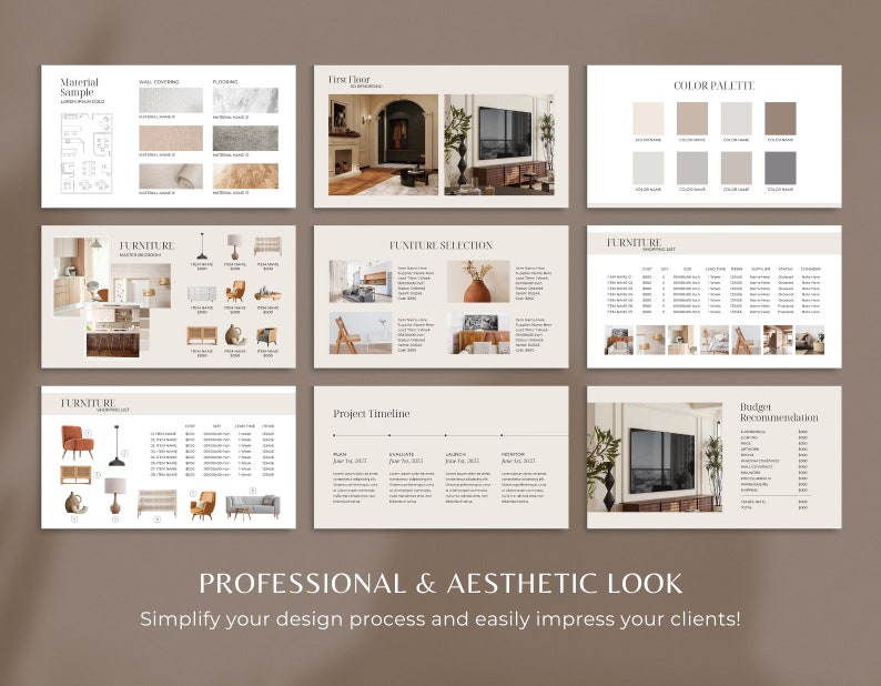 May include: A presentation template for interior design projects. The template includes a color palette, furniture selection, budget recommendations, and a project timeline. The template is designed to help interior designers create professional and aesthetic presentations for their clients.