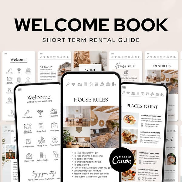 Digital Airbnb Welcome Book | Mobile Printable Guide Template | Editable Guest Book | VRBO, Vacation rental | Canva Template
