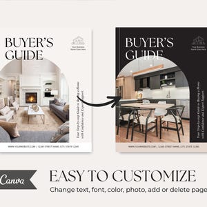 May include: Two digital buyer's guide templates featuring an arched photo frame. The left template has a white background with a living room photo, while the right has a black background with a kitchen photo. Both include text and a Canva logo.