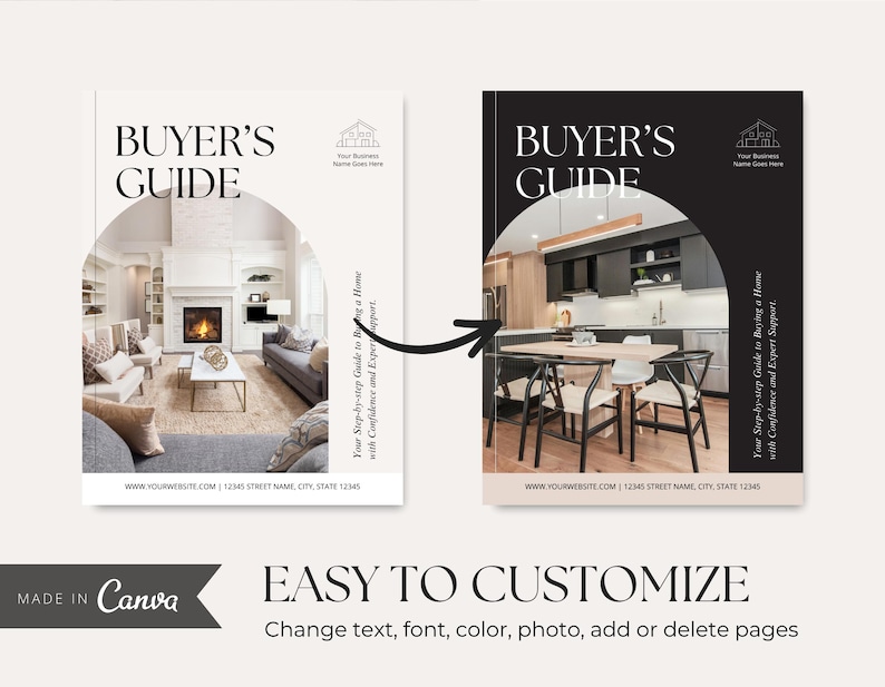 May include: Two digital buyer's guide templates featuring an arched photo frame. The left template has a white background with a living room photo, while the right has a black background with a kitchen photo. Both include text and a Canva logo.
