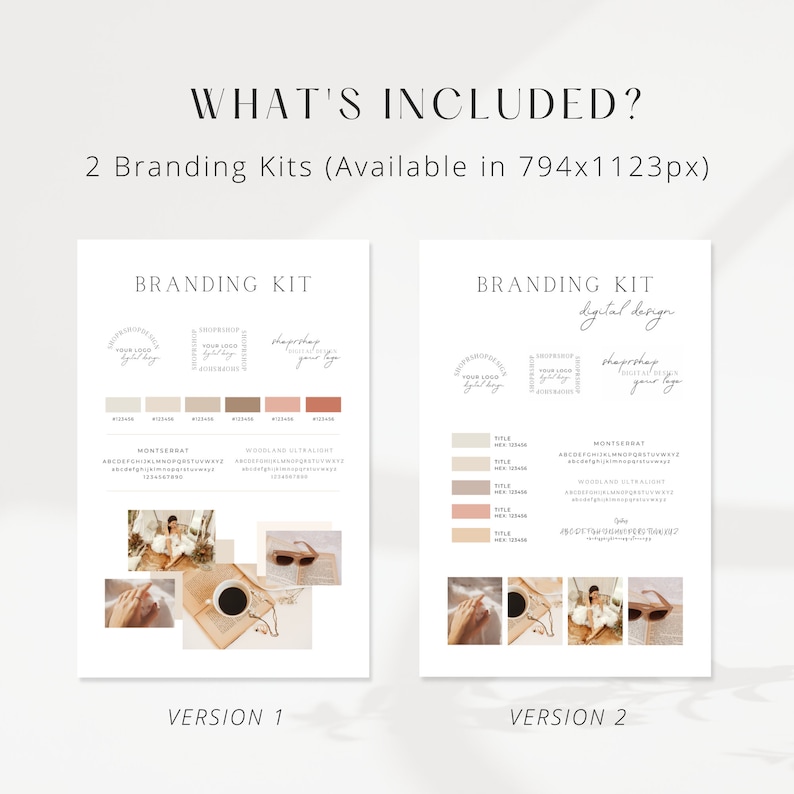 May include: Two branding kits for digital design, each with a color palette, logo variations, and font options. The kits feature a neutral color scheme with beige, brown, and white. The text "Branding Kit" and "Digital Design" is included in the image.