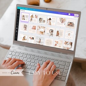 May include: A laptop computer screen displaying a Canva design template for Instagram. The template is for a pregnancy announcement and includes images of a pregnant woman, a baby, and a calendar. The text on the template includes "Free Class", "30 Minutes Consultation", "Lactation Support", and "Coming Soon".