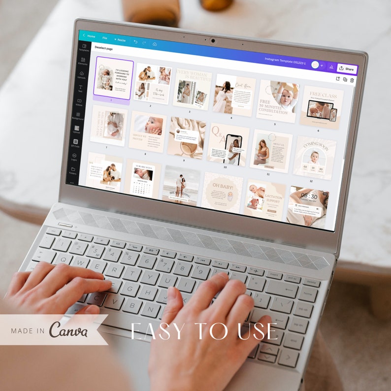 May include: A laptop computer screen displaying a Canva design template for Instagram. The template is for a pregnancy announcement and includes images of a pregnant woman, a baby, and a calendar. The text on the template includes "Free Class", "30 Minutes Consultation", "Lactation Support", and "Coming Soon".