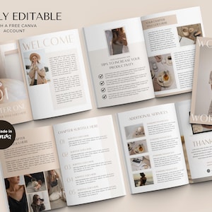 May include: A digital workbook with a beige and brown color scheme. The workbook includes a welcome page, a chapter with a title, a page with tips to increase productivity, a page with additional services, and a thank you page. The workbook is fully editable with a free Canva account.