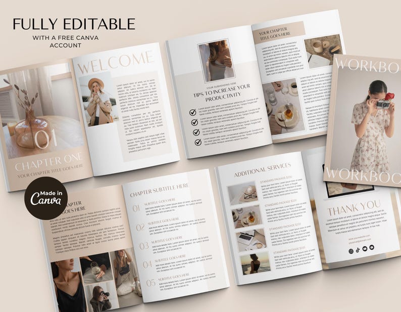 May include: A digital workbook with a beige and brown color scheme. The workbook includes a welcome page, a chapter with a title, a page with tips to increase productivity, a page with additional services, and a thank you page. The workbook is fully editable with a free Canva account.