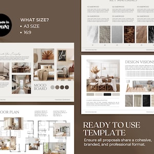 May include: A template design with a brown background, featuring a mood board, floor plan, and design visions. The text includes "Made in Canva", "What Size? A3 Size, 16:9", and "Ready to Use Template".