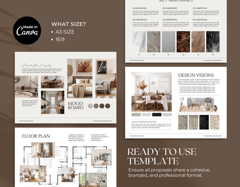 May include: A template design with a brown background, featuring a mood board, floor plan, and design visions. The text includes "Made in Canva", "What Size? A3 Size, 16:9", and "Ready to Use Template".