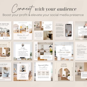 May include: A collection of 12 social media post templates for real estate agents. The templates feature a neutral color palette of beige and brown with images of homes and text overlays. Some of the templates include text such as "Open House", "Just Listed", "Home for Sale", "FAQ", "Closing", "This or That", "Special Offer", and "Questions to ask your lenders".