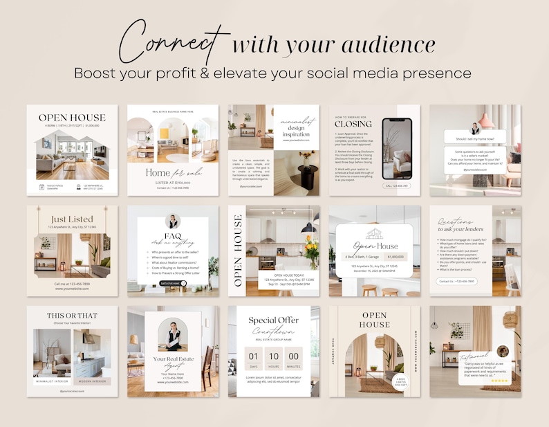 May include: A collection of 12 social media post templates for real estate agents. The templates feature a neutral color palette of beige and brown with images of homes and text overlays. Some of the templates include text such as "Open House", "Just Listed", "Home for Sale", "FAQ", "Closing", "This or That", "Special Offer", and "Questions to ask your lenders".
