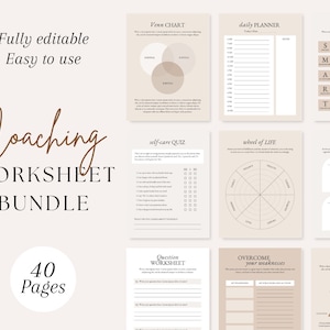 Op de afbeelding: Een printbare coaching-werkbladenbundel met 40 pagina's. De werkbladen omvatten een Venn-diagram, een dagelijkse planner, een zelfzorgquiz, een levensrad, een levensbeoordeling, een vragenlijst, een werkblad om je zwakheden te overwinnen en een piramidediagram. De werkbladen zijn ontworpen in een minimalistische stijl met een beige achtergrond en zwarte tekst.