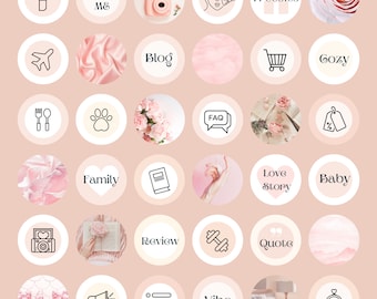 May include: A set of 36 pink and white Instagram story highlight icons with various icons and text, including "About Me", "Blog", "FAQ", "Freebies", "Gozy", "Family", "Love Story", "Baby", "Review", "Quote", "Vibe", and more.