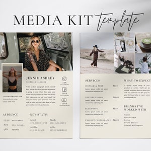 Può includere: Un modello di kit media beige con una foto di una donna in auto. Il modello include informazioni sulla YouTuber blogger, Jennie Ashley, tra cui il suo seguito sui social media, la demografia del suo pubblico, statistiche chiave, servizi offerti e marchi con cui ha collaborato. Il testo include quanto segue: "MEDIA KIT template", "Jennie Ashley", "Youtuber Blogger", "Services", "What to Expect", "Brands I've Worked With", "Audience", "Key Stats", "Instagram Post", "Youtube Videos", "Blog Posts", "Product Photography", "Gerri", "Free People", "Lulus", "Petite Studio", "Daniel Wellington".