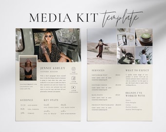 May include: A beige media kit template with a photo of a woman in a car. The template includes information about the YouTuber blogger, Jennie Ashley, including her social media following, audience demographics, key stats, services offered, and brands she has worked with. The text includes the following: "MEDIA KIT template", "Jennie Ashley", "Youtuber Blogger", "Services", "What to Expect", "Brands I've Worked With", "Audience", "Key Stats", "Instagram Post", "Youtube Videos", "Blog Posts", "Product Photography", "Gerri", "Free People", "Lulus", "Petite Studio", "Daniel Wellington".