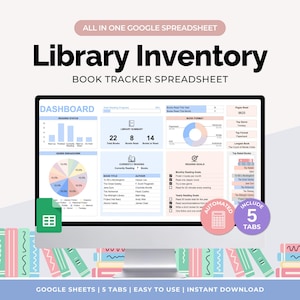 May include: A computer monitor displaying a Library Inventory book tracker Google Spreadsheet. The dashboard features charts, reading status, genre breakdown, and book lists. The screen includes text like Dashboard, Reading Status, and Book Format.
