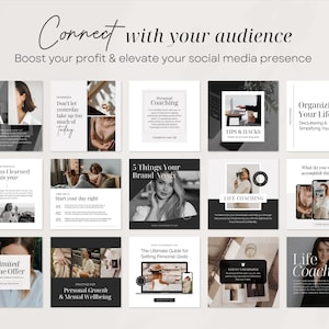 May include: A collage of 12 social media post templates for a life coach. The templates feature black and white images and text with a minimalist design. Some of the topics covered include personal coaching, life coaching, organizing your life, and setting personal goals.