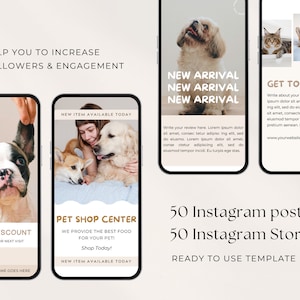 Pode incluir: Tr&ecirc;s modelos de hist&oacute;ria do Instagram para empresas de animais de estima&ccedil;&atilde;o. O primeiro modelo apresenta um close-up de um filhote de bulldogue franc&ecirc;s. O segundo modelo apresenta uma mulher segurando um filhote de golden retriever e um filhote de corgi. O terceiro modelo apresenta um gato e um filhote de corgi. Todos os tr&ecirc;s modelos t&ecirc;m um fundo marrom claro e apresentam o texto "Novo item dispon&iacute;vel hoje" e "Centro de animais de estima&ccedil;&atilde;o".