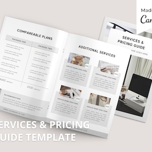 May include: A two-page document with a white background and black text. The document is titled "Services & Pricing Guide" and includes a section for "Comparable Plans" with two packages, "Package One" and "Package Two". The document also includes a section for "Additional Services" with four different services listed. Each service has a name, a price, and a brief description.