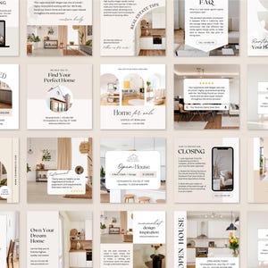 May include: A collage of 16 Instagram posts promoting real estate services. The posts feature images of homes, open houses, and real estate agents. The posts also include text about real estate tips, FAQs, and closing information.