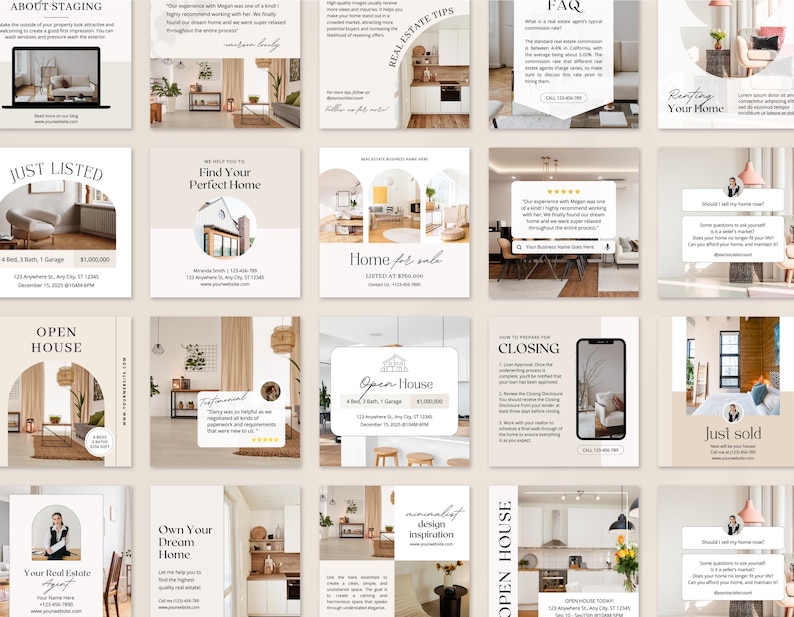 May include: A collage of 16 Instagram posts promoting real estate services. The posts feature images of homes, open houses, and real estate agents. The posts also include text about real estate tips, FAQs, and closing information.