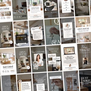 Op de afbeelding: Een verzameling digitale vastgoedmarketing-sjablonen met neutrale beige en donkergrijze kleurenschema's. De lay-outs bevatten tekstoverlays, vastgoedfotografie, portretten van makelaars en iconen voor woningvermeldingen, open huizen en educatieve tips.