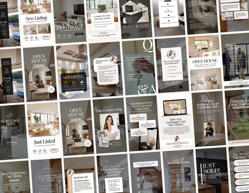 Op de afbeelding: Een verzameling digitale vastgoedmarketing-sjablonen met neutrale beige en donkergrijze kleurenschema's. De lay-outs bevatten tekstoverlays, vastgoedfotografie, portretten van makelaars en iconen voor woningvermeldingen, open huizen en educatieve tips.