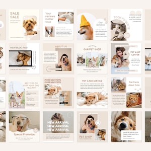 Pode incluir: Uma cole&ccedil;&atilde;o de modelos de postagem do Instagram para uma loja de animais de estima&ccedil;&atilde;o ou um neg&oacute;cio de cuidados com animais de estima&ccedil;&atilde;o. Os modelos apresentam imagens de c&atilde;es e gatos e incluem texto como "Venda", "Nova postagem de blog", "Sobre n&oacute;s", "Servi&ccedil;o de cuidados com animais de estima&ccedil;&atilde;o", "Fatos divertidos sobre gatos" e "Desafio do dia".