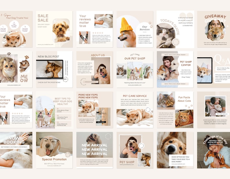 Pode incluir: Uma cole&ccedil;&atilde;o de modelos de postagem do Instagram para uma loja de animais de estima&ccedil;&atilde;o ou um neg&oacute;cio de cuidados com animais de estima&ccedil;&atilde;o. Os modelos apresentam imagens de c&atilde;es e gatos e incluem texto como "Venda", "Nova postagem de blog", "Sobre n&oacute;s", "Servi&ccedil;o de cuidados com animais de estima&ccedil;&atilde;o", "Fatos divertidos sobre gatos" e "Desafio do dia".