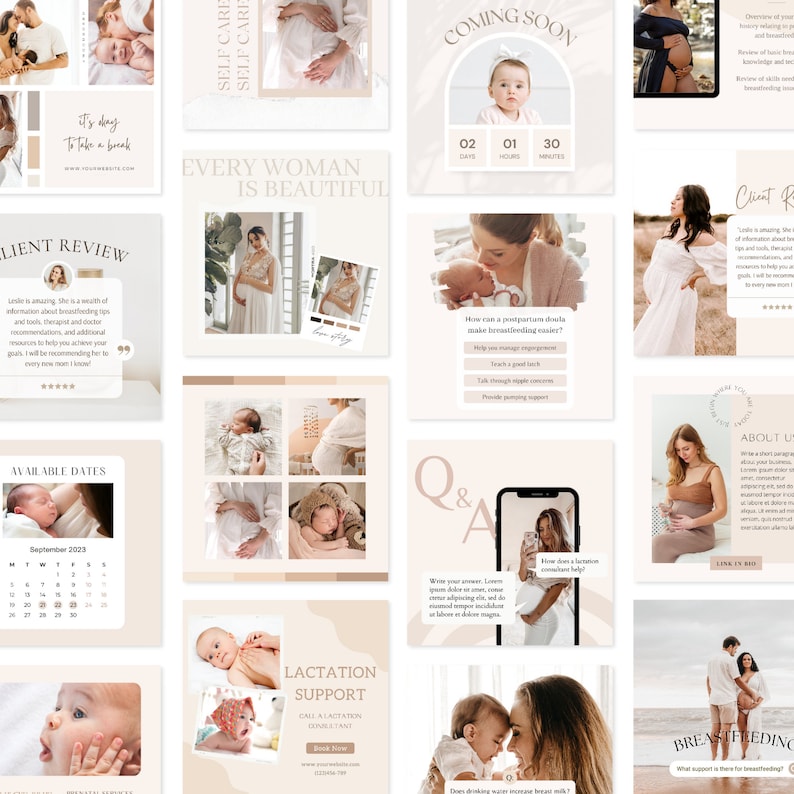 May include: A collage of images promoting lactation support services. The images feature babies, mothers, and text about breastfeeding, lactation consultants, and postpartum doulas. The text "Lactation Support" is featured in a large, bold font.
