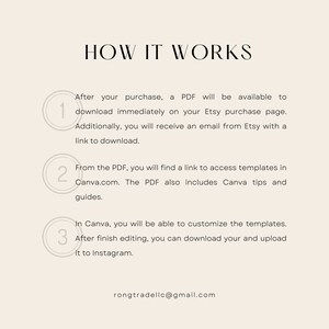 Op de afbeelding: Een diagram met drie stappen die uitleggen hoe je een digitaal product gebruikt. Stap 1: Download het PDF-bestand. Stap 2: Krijg toegang tot sjablonen op Canva.com. Stap 3: Pas de sjablonen aan en upload ze naar Instagram.