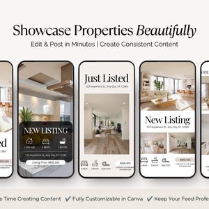 Op de afbeelding: Een digitale afbeelding met vijf smartphoneschermen die vastgoedmarketing-sjablonen tonen. De tekst luidt Showcase Properties Beautifully, Edit & Post in Minutes, Create Consistent Content, Just Listed, New Listing en Open House.