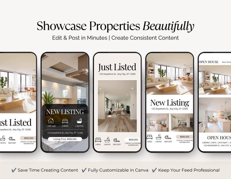 Op de afbeelding: Een digitale afbeelding met vijf smartphoneschermen die vastgoedmarketing-sjablonen tonen. De tekst luidt Showcase Properties Beautifully, Edit & Post in Minutes, Create Consistent Content, Just Listed, New Listing en Open House.
