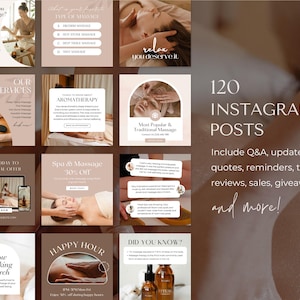 May include: A set of 120 Instagram post templates designed for a spa or massage business. The templates feature images of people receiving massages, spa treatments, and products. The text on the templates includes phrases like "relax you deserve it", "our services", "aromatherapy", "most popular & traditional massage", "book today to get special offer", "spa & massage 30% off", "now booking march", "happy hour", "did you know?", and "120 Instagram posts".