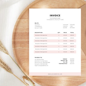 May include: A minimalist invoice template with a pink and white color scheme. The invoice includes a bill to section, a description of items, quantity, price, and total. It also includes a payable to section with contact information for the business.