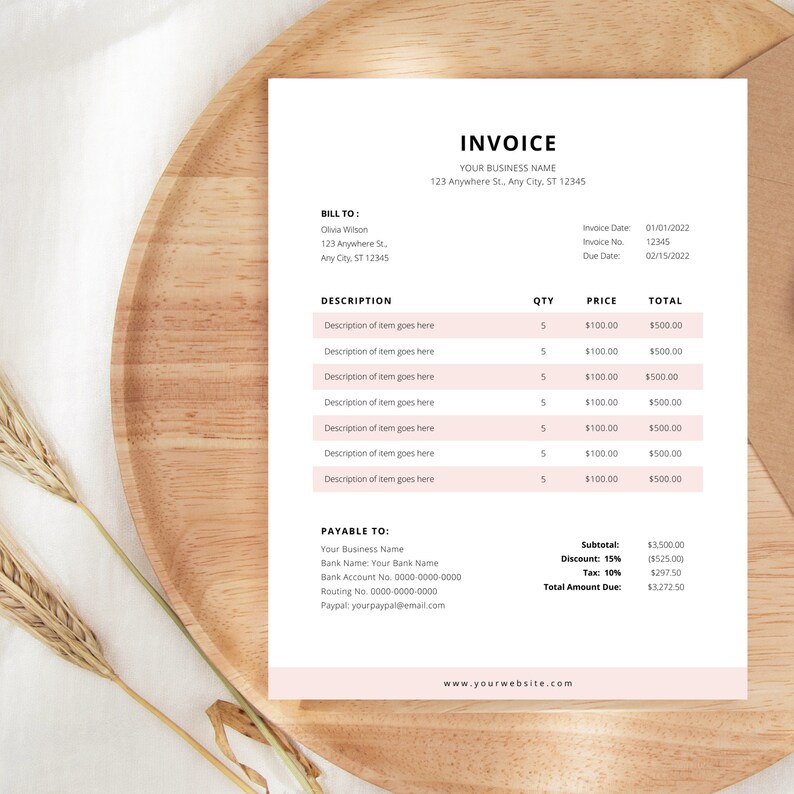 May include: A minimalist invoice template with a pink and white color scheme. The invoice includes a bill to section, a description of items, quantity, price, and total. It also includes a payable to section with contact information for the business.