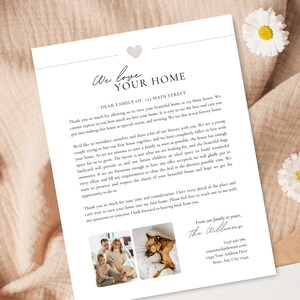 May include: A handwritten letter expressing gratitude for a home purchase. The letter includes a photo of a family with their dog. The letter is written on white paper with a grey heart at the top. The letter is addressed to the family of 123 Main Street.