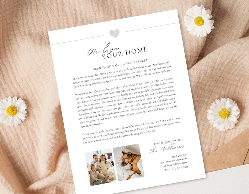 May include: A handwritten letter expressing gratitude for a home purchase. The letter includes a photo of a family with their dog. The letter is written on white paper with a grey heart at the top. The letter is addressed to the family of 123 Main Street.