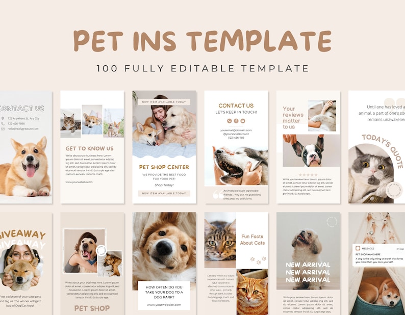May include: A collection of 10 Instagram story templates for pet businesses. The templates feature photos of dogs and cats, and include text such as "Get to Know Us", "Pet Shop Center", "New Arrival", "Fun Facts About Cats", and "Today's Quote".