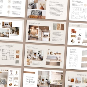 May include: A mood board for an interior design project proposal. The mood board includes images of furniture, decor, and color palettes. The text on the mood board includes the words "Moodboard", "Design Concept", "First Floor", "Material Sample", "Furniture Selection", and "Interior Design Project Proposal".