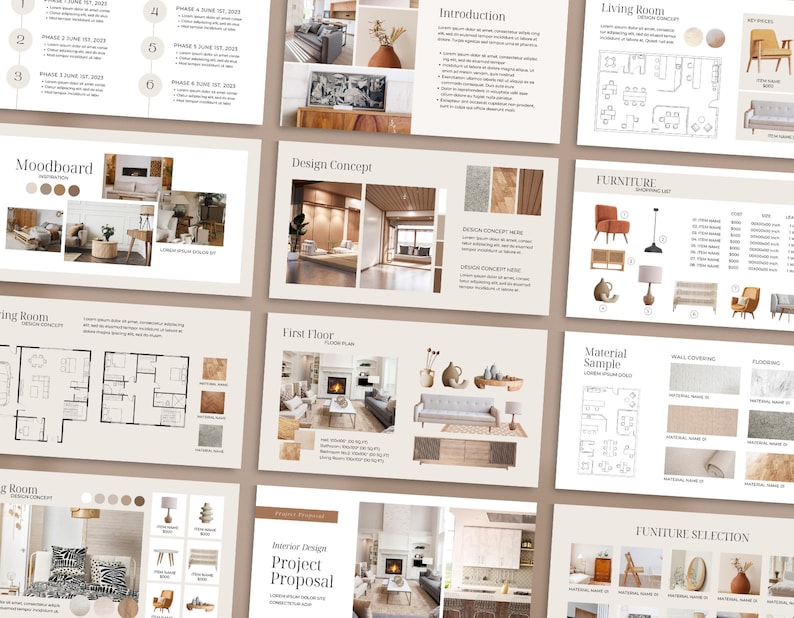 May include: A mood board for an interior design project proposal. The mood board includes images of furniture, decor, and color palettes. The text on the mood board includes the words "Moodboard", "Design Concept", "First Floor", "Material Sample", "Furniture Selection", and "Interior Design Project Proposal".