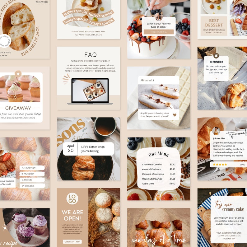 May include: A collection of social media posts for a bakery featuring images of various pastries, cakes, and desserts. The posts include text about the bakery's menu, specials, and a giveaway.