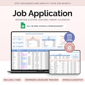 Può includere: Un tracker digitale per le candidature di lavoro visualizzato sullo schermo di un portatile e di un tablet. L'interfaccia include un calendario intelligente, funzioni automatizzate e quattro schede per organizzare la ricerca di lavoro.
