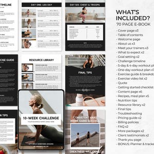 Pu&ograve; includere: Un mockup digitale di un e-book di 70 pagine intitolato "10-Week Challenge" con un design in bianco e nero. L'e-book include una timeline di sfida, una guida all'esercizio, una libreria di risorse, consigli nutrizionali e suggerimenti finali. Il testo "Let's build something amazing" &egrave; incluso sulla copertina.