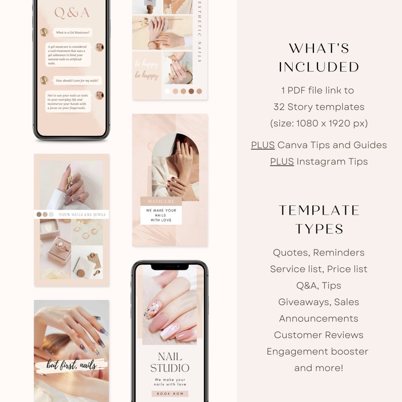 Puede incluir: Un conjunto de 32 plantillas de historias de Instagram para salones de manicura. Las plantillas presentan una variedad de dise&ntilde;os, que incluyen citas, recordatorios, listas de servicios, listas de precios, preguntas y respuestas, consejos, sorteos, anuncios de ventas, rese&ntilde;as de clientes, impulsores de participaci&oacute;n y mucho m&aacute;s. Las plantillas est&aacute;n dise&ntilde;adas en un estilo minimalista con un esquema de color rosa y blanco.