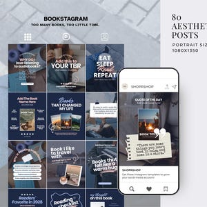 May include: A digital collection of 80 social media post templates for book lovers, displayed on a smartphone screen and a grid layout. The templates feature dark blue backgrounds, white typography, and placeholders for book titles and quotes.