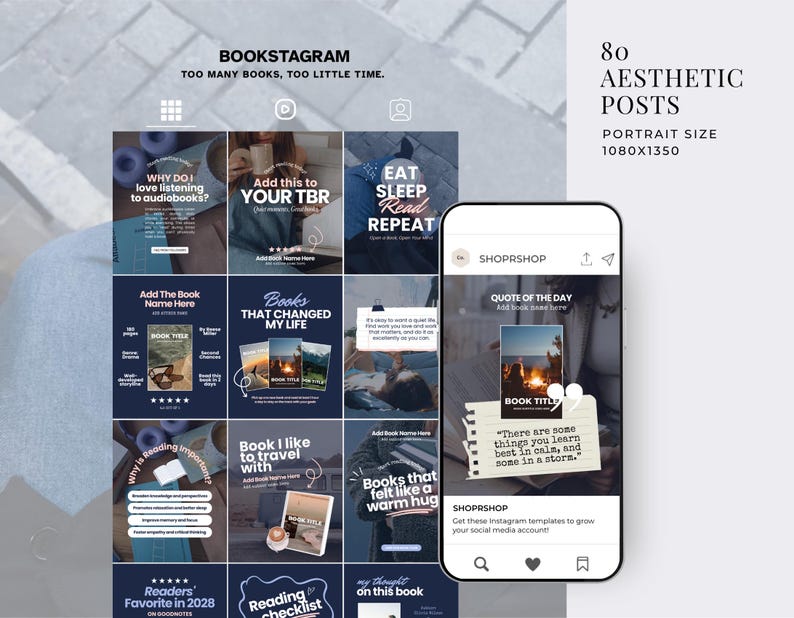 May include: A digital collection of 80 social media post templates for book lovers, displayed on a smartphone screen and a grid layout. The templates feature dark blue backgrounds, white typography, and placeholders for book titles and quotes.